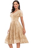 Spring Khaki Lace Short Sleeves V-Neck Swing Bridemaid Dress