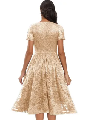 Spring Khaki Lace Short Sleeves V-Neck Swing Bridemaid Dress