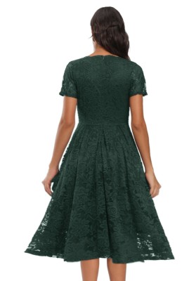 Spring Green Lace Short Sleeves V-Neck Swing Bridemaid Dress