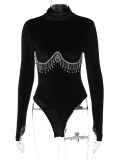 Winter Black Turtleneck Fringe High Cut Sexy Velvet Bodysuit