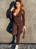 Spring Brown O-Neck Sexy Scrunch Strings Basics Jumpsuit