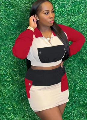 Spring Contrast Color Crop Top and Mini Skirt Casual Two Piece Set