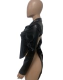 Spring Black Leather Long Sleeves Irregular Party Top