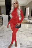 Spring Red Sexy Hollow Out Tight Top and Pants Two Piece Set