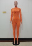 Spring Orange Sexy Hollow Out Tight Top and Pants Two Piece Set
