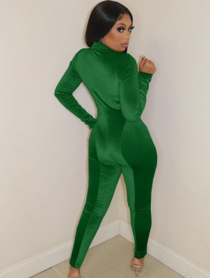 Winter Green Velvet Long Sleeves Zipper Jumpsuit