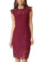 Spring Red Lace Sleeveless O-Neck Knee-length Bridemaid Dress