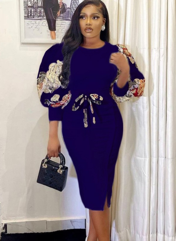 Spring Elegant Printed Navy Blue Short Puff Sleeve Professional Career Midi Dress