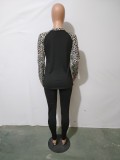 Spring Leopard Patch Black Round Neck Long Sleeve Top and Match Pants Set Wholesale 2 Piece Sets