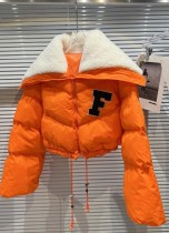 Winter Warmth Letter Orange Zip Up Drawstring Fleece Down Coat