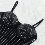 Summer Sexy Black Rhinestone Beaded Straps Bodycon Club Dress