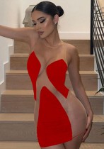 Summer Sexy See Through Mesh Patch Strapless Red Bodycon Club Dress