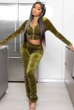 Spring Sexy Green Velvet Ruchd Long Sleeve Cropped Hoody Top and Match Pants Wholesale 2 Piece Sets