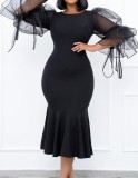Spring Elegant Plus Size Puff Mesh Sleeve Slim Black Mermaid Formal Party Dress