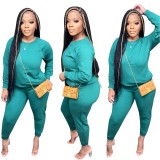 Spring Casual Cyan Green Round Neck Long Sleeve Loose Sweatshirt and Pants Set Wholesale two piece sets