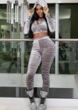 Spring Sexy Gray Velvet Ruchd Long Sleeve Cropped Hoody Top and Match Pants Wholesale 2 Piece Sets