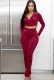 Spring Sexy Burgundy Velvet Ruchd Long Sleeve Cropped Hoody Top and Match Pants Wholesale 2 Piece Sets