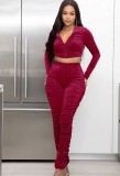 Spring Sexy Burgundy Velvet Ruchd Long Sleeve Cropped Hoody Top and Match Pants Wholesale 2 Piece Sets