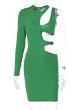 Spring Sexy Green Round Neck Hollow Out Single Long Sleeve Bodycon Dress