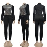 Spring Casual Sequins Patch Black Zipper Up Long Sleeve Two Piece Tracksuit