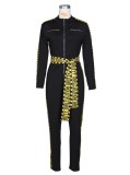 Spring Sexy Letter Band Patch Black Zip Up Slim Long Sleeve Jumpsuit with Belt