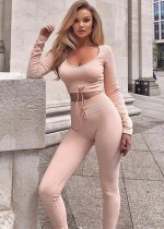 Winter Pink V-neck Drawstring Long Sleeve Crop Top and Match Pants Two Piece Wholesale Yoga Wear