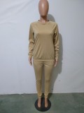 Spring Casual Khaki Round Neck Long Sleeve Loose Sweatshirt and Pants Set Wholesale two piece sets