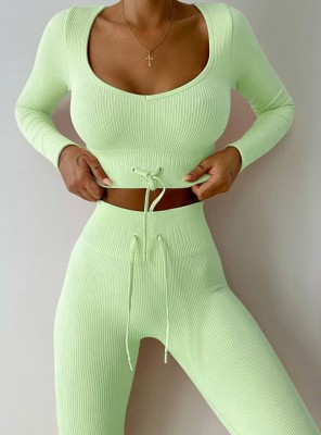 Winter Green V-neck Drawstring Long Sleeve Crop Top and Match Pants Two Piece Wholesale Yoga Wear