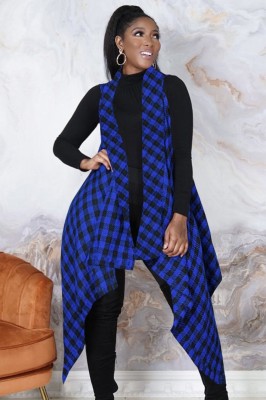 Spring Casual Blue Plaid Cotton Irregular Long Vest Coat