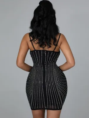 Summer Sexy Black Rhinestone Beaded Straps Bodycon Club Dress