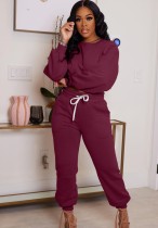 Spring Tracksuit Vendors Wine Red Round Neck Long Sleeve Sweatshirt and Sweatpants Two Piece Wholesale Jogger Suit