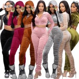 Spring Sexy Khaki Velvet Ruchd Long Sleeve Cropped Hoody Top and Match Pants Wholesale 2 Piece Sets