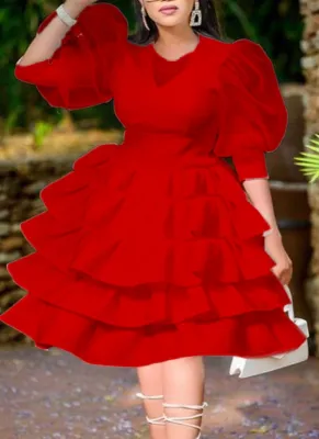 Spring Sweet Red Puff Short Sleeve Ruffled Layered Party Dress
