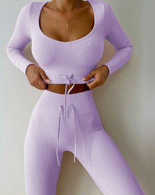 Winter Purple V-neck Drawstring Long Sleeve Crop Top and Match Pants Two Piece Wholesale Yoga Wear