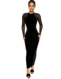 Spring Sexy Black Mesh Patch See Through Round Neck Long Sleeve Slim Long Dress