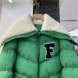 Winter Warmth Letter Green Zip Up Drawstring Fleece Down Coat