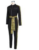 Spring Sexy Letter Band Patch Black Zip Up Slim Long Sleeve Jumpsuit with Belt