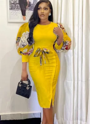 Spring Elegant Printed Yellow Short Puff Sleeve Professional Career Midi Dress