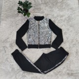Spring Casual Sequins Patch Black Zipper Up Long Sleeve Two Piece Tracksuit