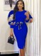 Spring Elegant Printed Blue Short Puff Sleeve Professional Career Midi Dress