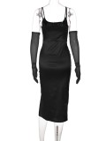Spring Sexy Black Straps Slit Slim Party Dress with Long Glove