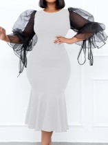 Spring Elegant Plus Size Puff Mesh Sleeve Slim White Mermaid Formal Party Dress