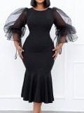 Spring Elegant Plus Size Puff Mesh Sleeve Slim Black Mermaid Formal Party Dress