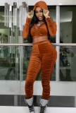 Spring Sexy Brown Velvet Ruchd Long Sleeve Cropped Hoody Top and Match Pants Wholesale 2 Piece Sets