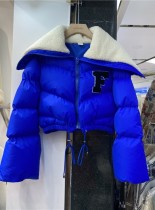 Winter Warmth Letter Blue Zip Up Drawstring Fleece Down Coat