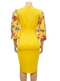 Spring Elegant Printed Yellow Short Puff Sleeve Professional Career Midi Dress