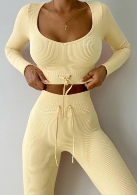 Winter Yellow V-neck Drawstring Long Sleeve Crop Top and Match Pants Two Piece Wholesale Yoga Wear