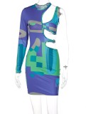 Spring Sexy Multicolor Printed Round Neck Hollow Out Single Long Sleeve Bodycon Dress
