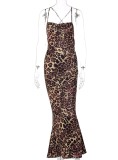 Summer Sexy Leopard Printed Straps Backless Slim Long Dress