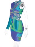 Spring Sexy Multicolor Printed Round Neck Hollow Out Single Long Sleeve Bodycon Dress